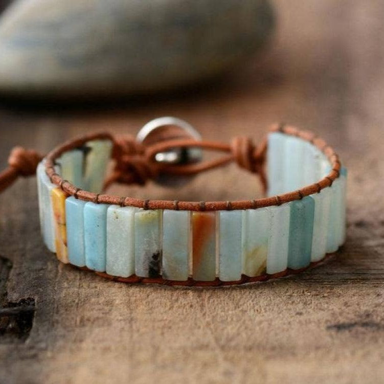 Natural  Amazonite Stone &amp; Leather Tree Of Life Bracelet
