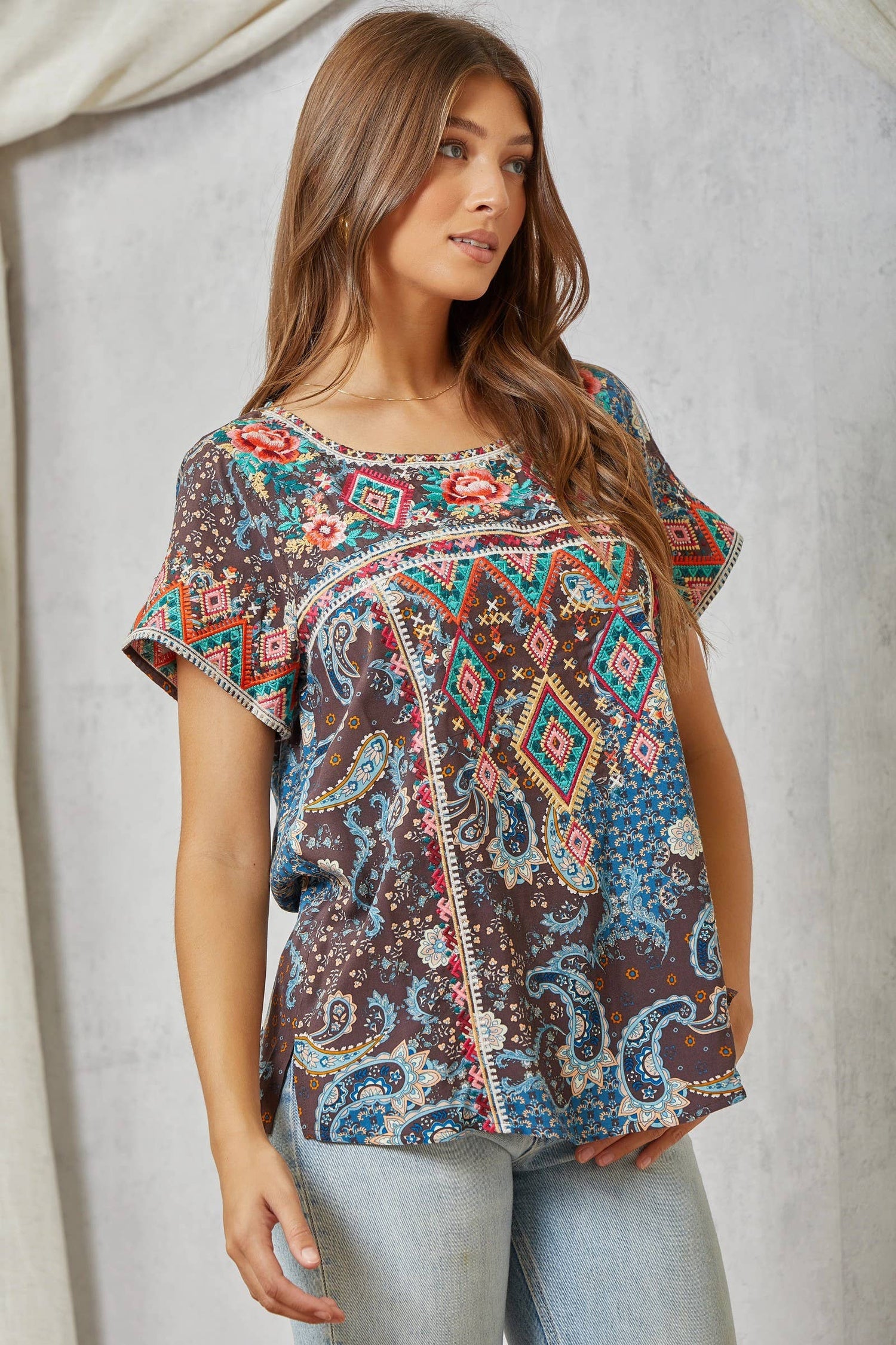 Braelyn Aztec Embroidery Top