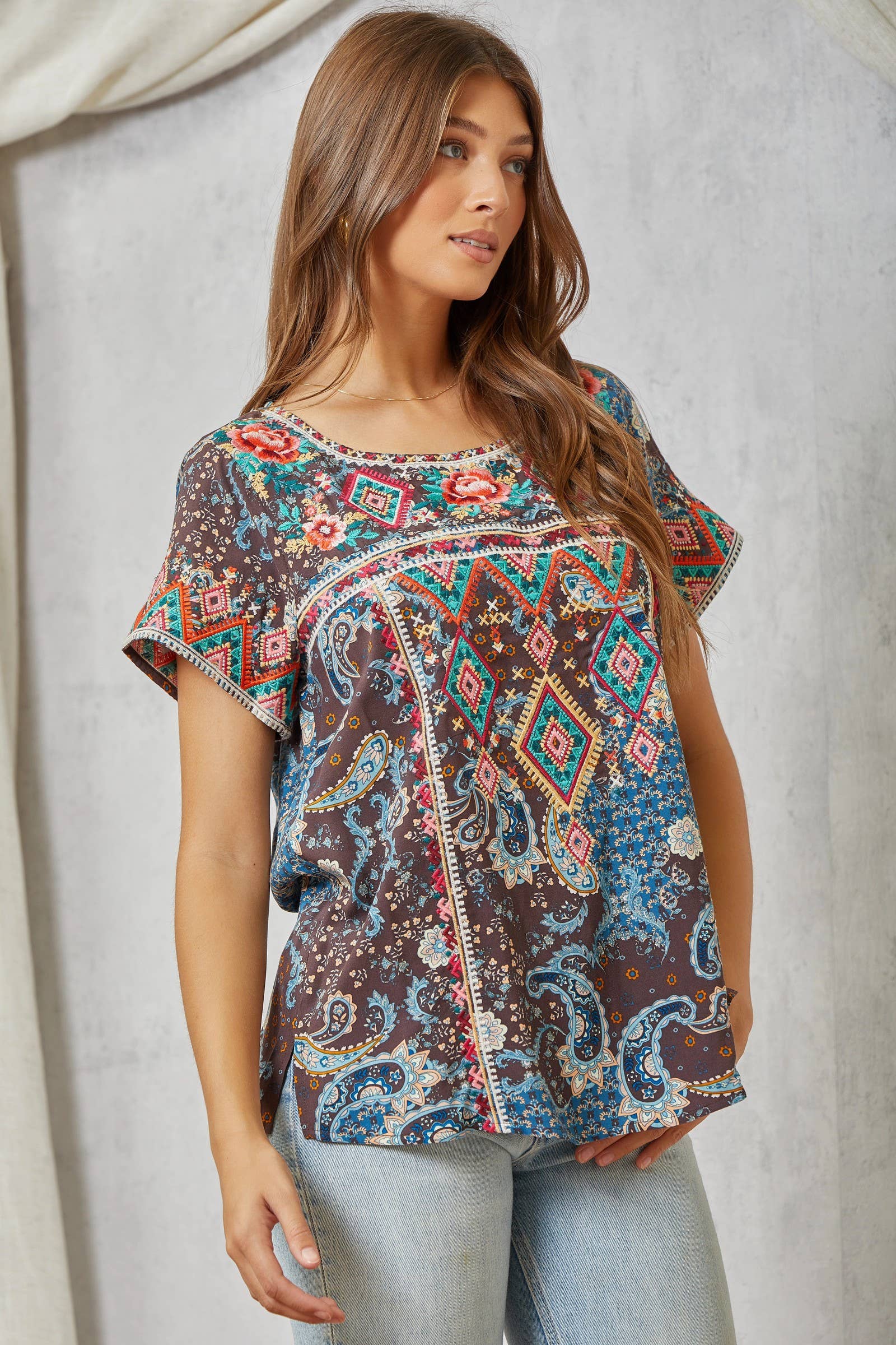 Braelyn Aztec Embroidery Top