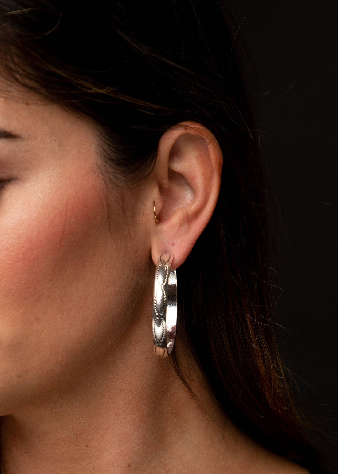 2" Silver Aztec Stamped Hoop Earrings