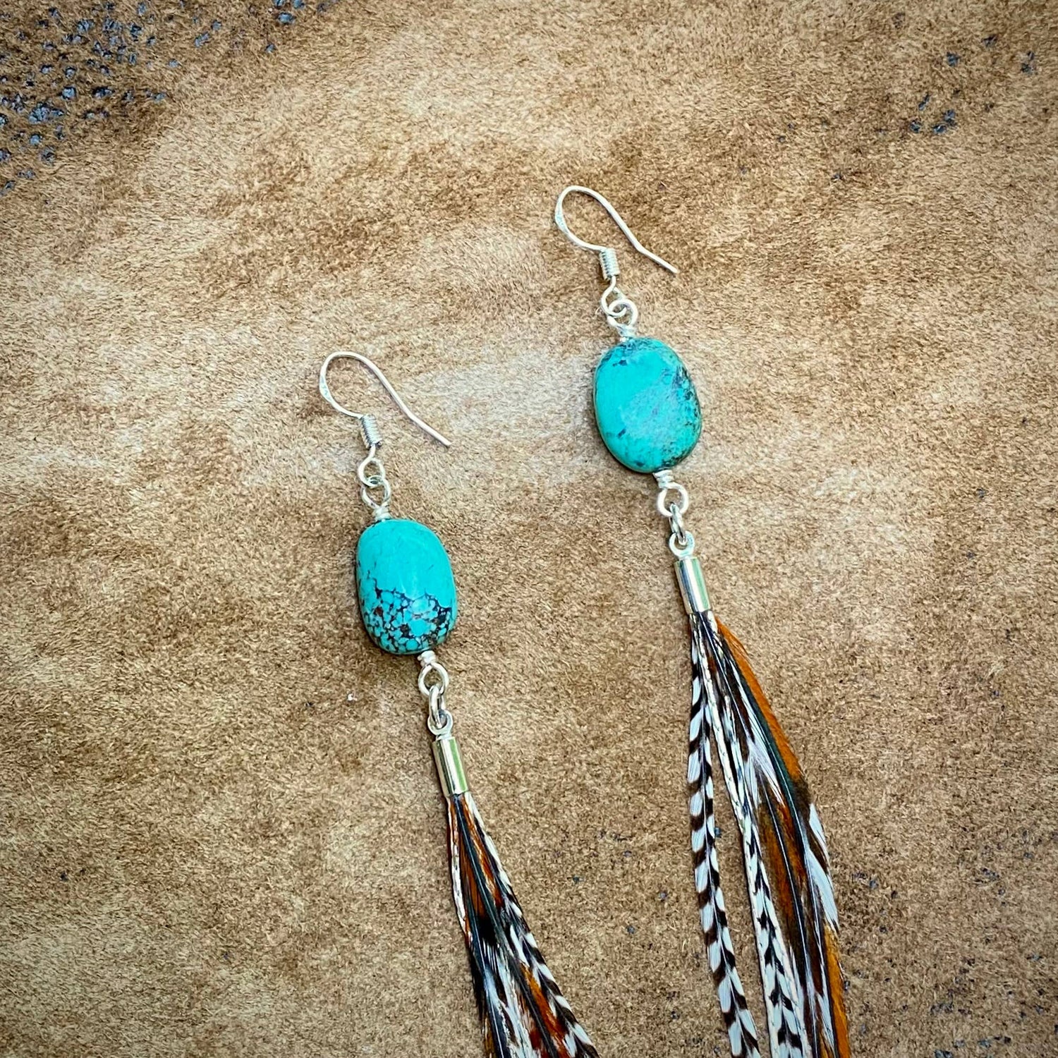 Turquoise &amp; Mini Feather Earrings - Grizzly &amp; Fawn/Silver: Grizzly &amp; Fawn / Silver