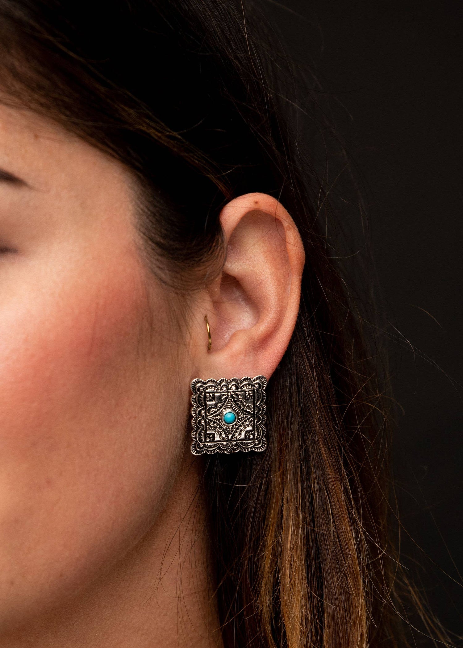 Turquoise Burnished Silver Square Stamped Post Earrings