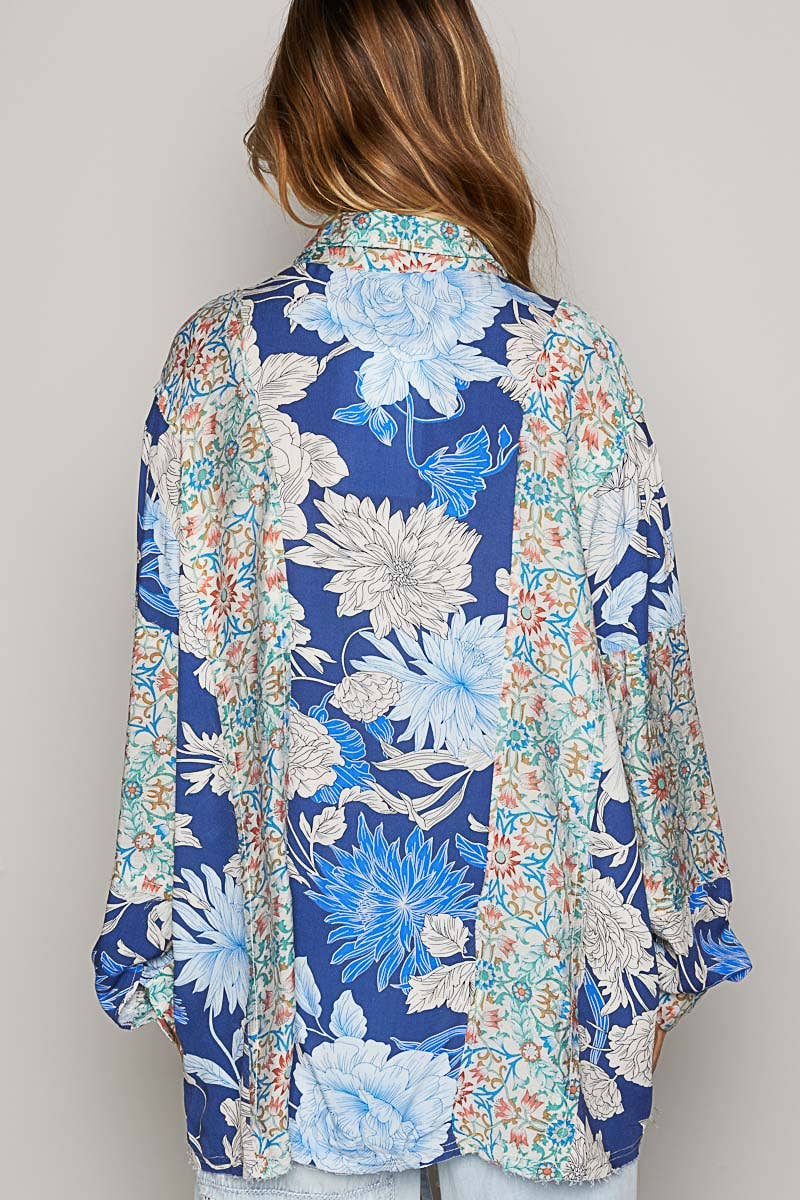 Oversized Long Sleeve Floral Woven Printed Blouse, Blue