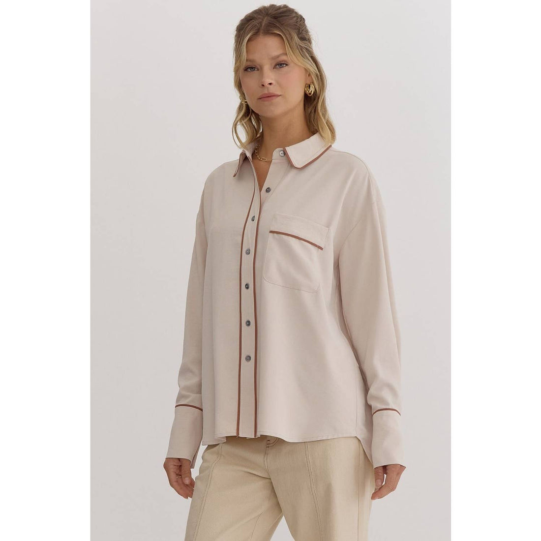 Ecru Long Sleeve Button Down Blouse