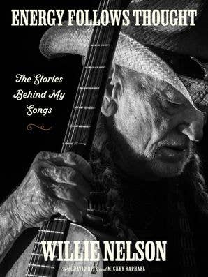 Black and white image of a person holding a guitar with text about Willie Nelson&