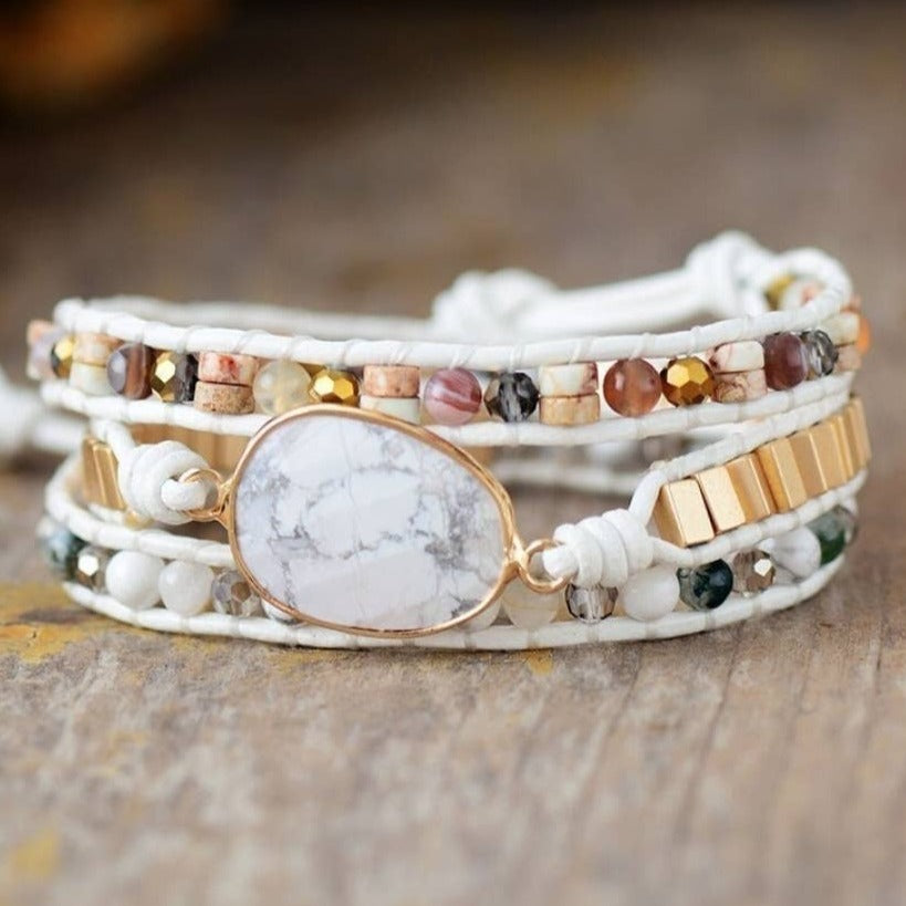 Natural White Howlite Stone &amp; Gold Bead Wrap bracelet