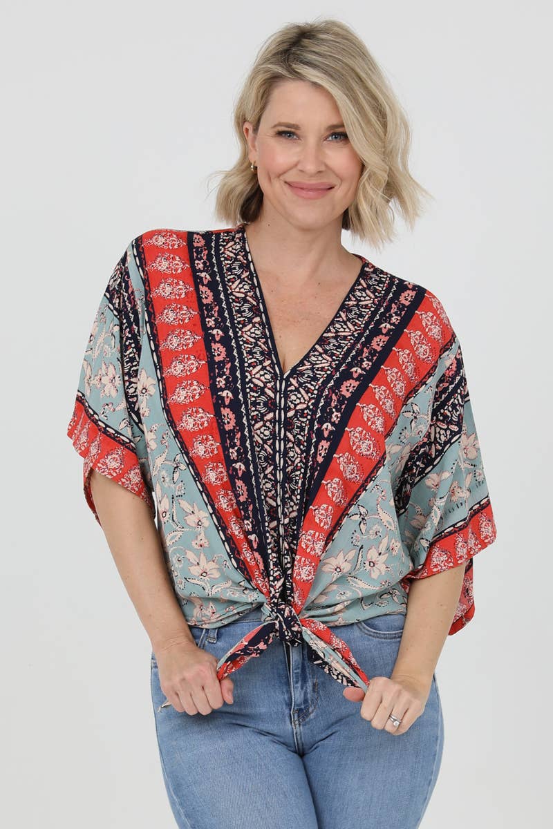 V Neck Floral Paisley Tie Front Blouse