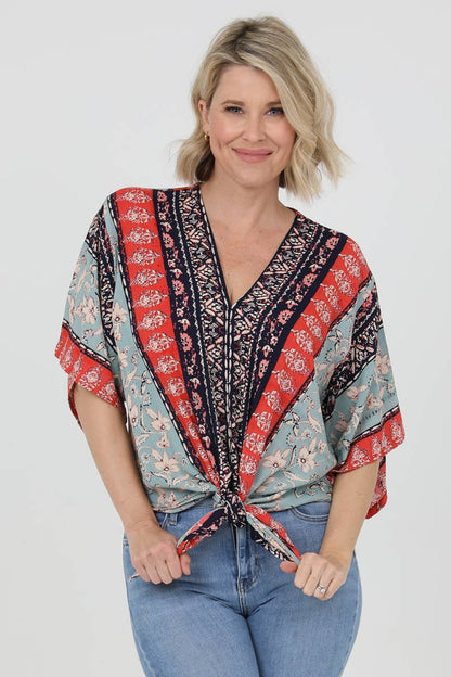 V Neck Floral Paisley Tie Front Blouse