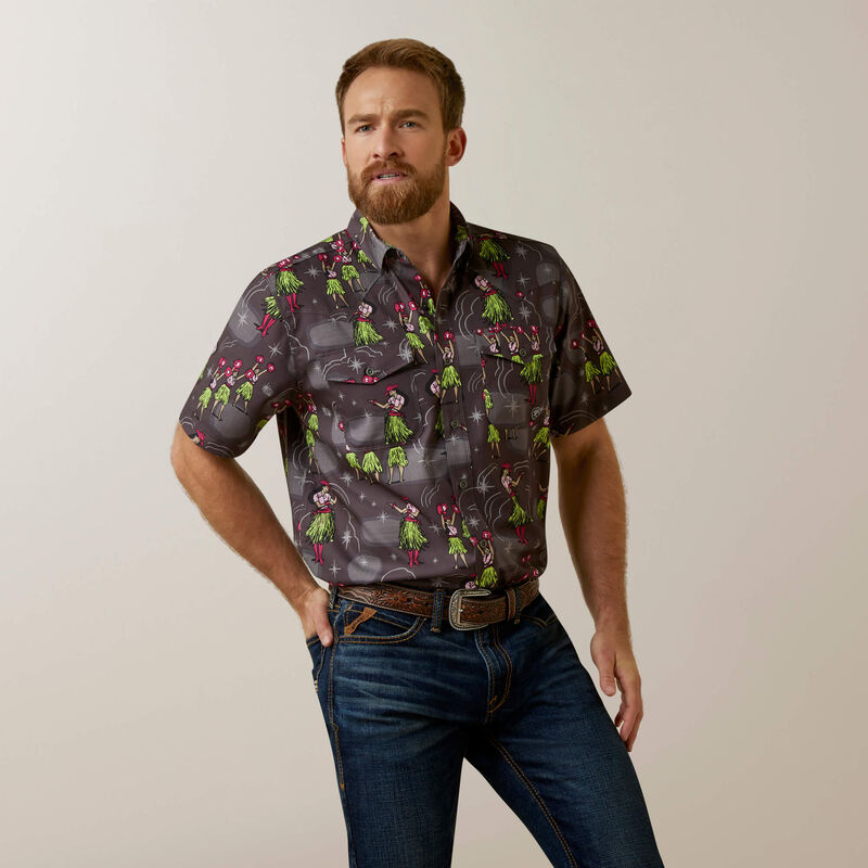 Ariat Mens Venttek Western Aloha Fitted Shirt-Charcoal Gray
