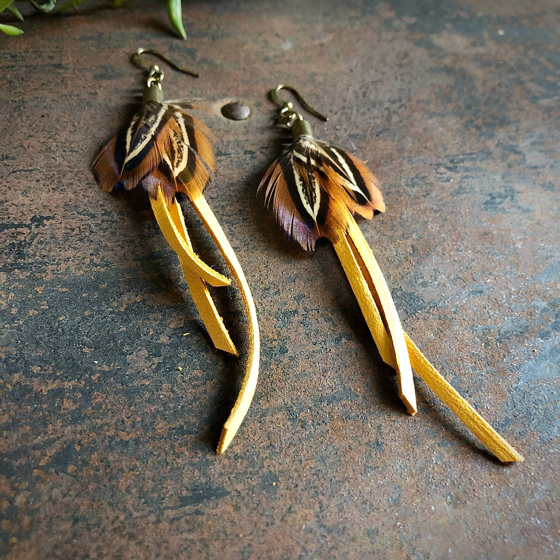 Gold Leather &amp; Pheasant Feather Earrings