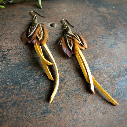 Gold Leather &amp; Pheasant Feather Earrings