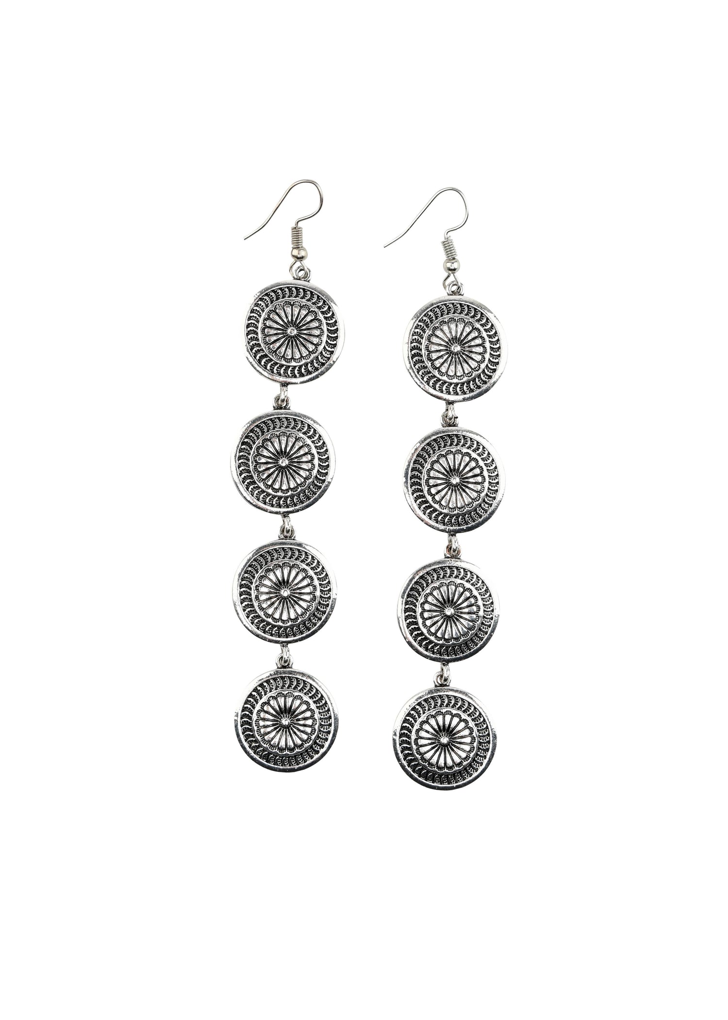 3.75&quot; Burnished Silver 4 Tier Stamped Concho Earrings