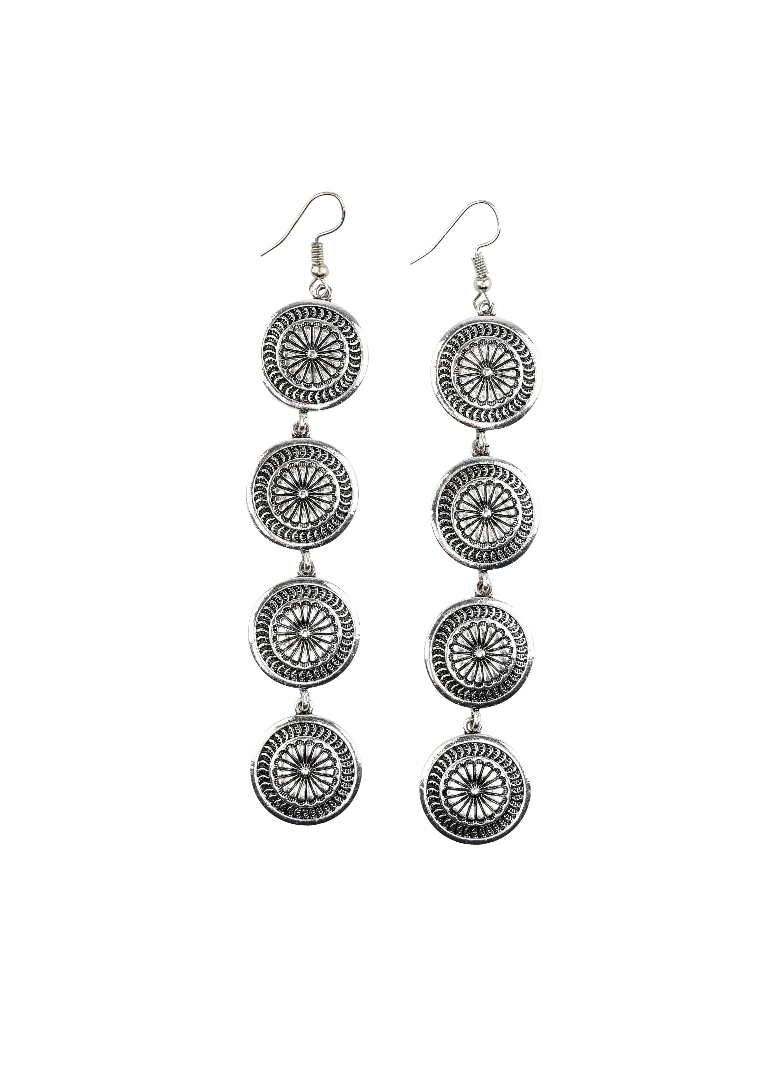 3.75&quot; Burnished Silver 4 Tier Stamped Concho Earrings