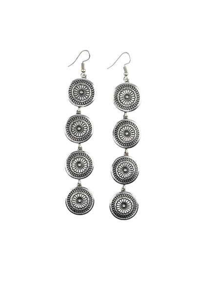 3.75&quot; Burnished Silver 4 Tier Stamped Concho Earrings