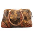 Brown leather bag with intricate patterns on a light gray background