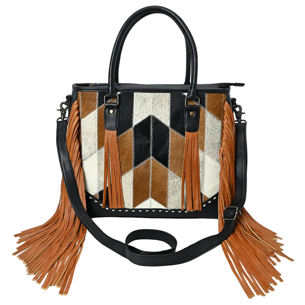Handbag with geometric pattern and fringes on a white background