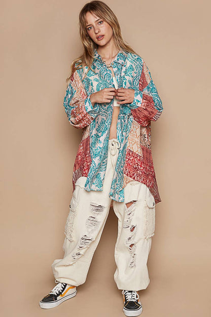 Oversized Long Sleeve Print Woven Button Down Shirt, Teal