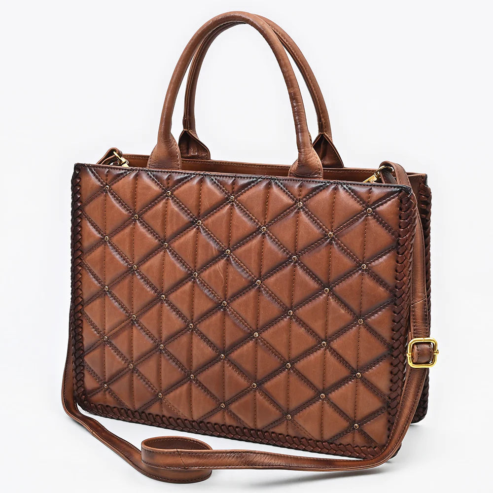 Brown quilted handbag with a gold clasp on a white background