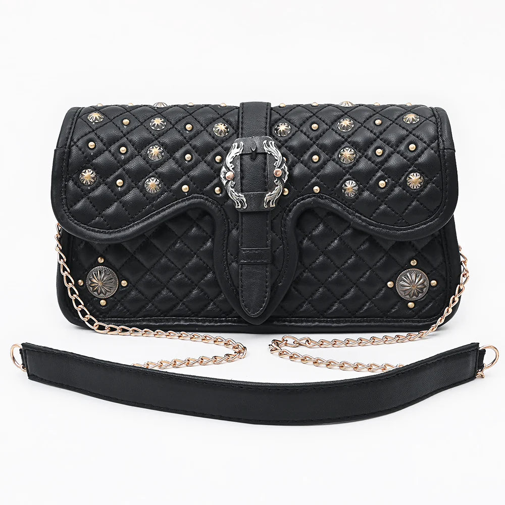 Black quilted handbag with gold studs and chain strap on a white background