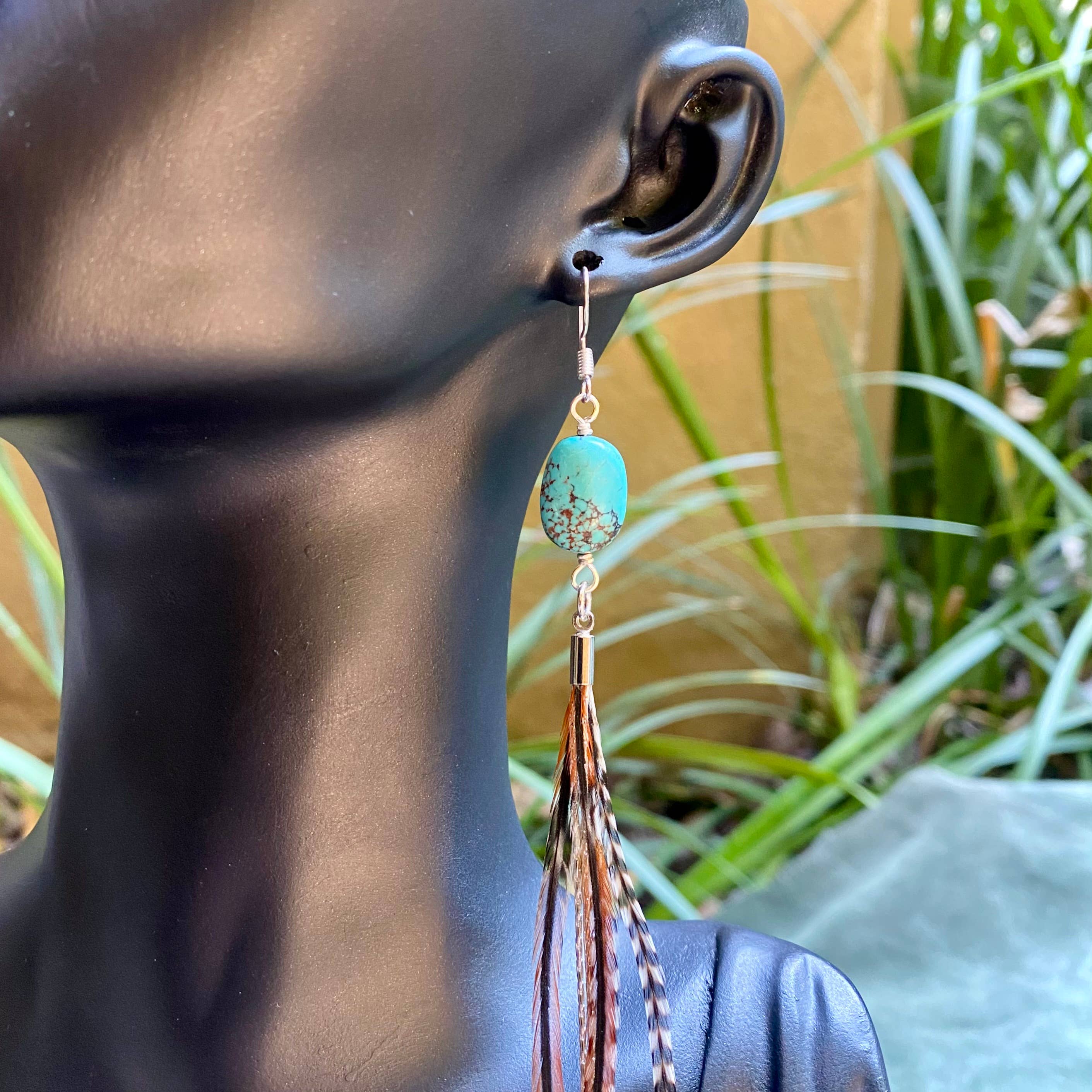 Turquoise &amp; Mini Feather Earrings - Grizzly &amp; Fawn/Silver: Grizzly &amp; Fawn / Silver