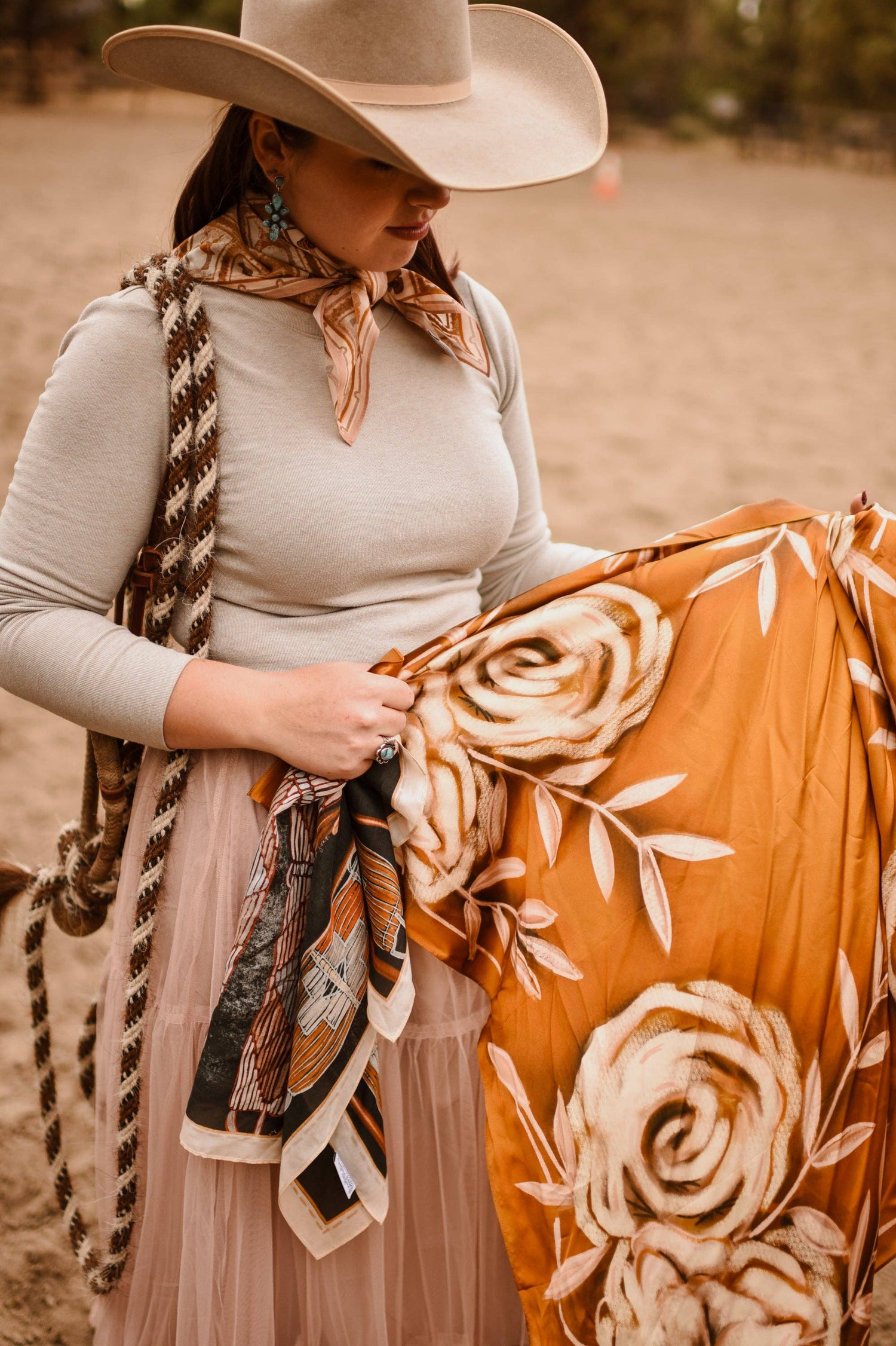 Large 100% Mulberry Silk 35x35: Rustic Wild Roses Wild Rag Scarf
