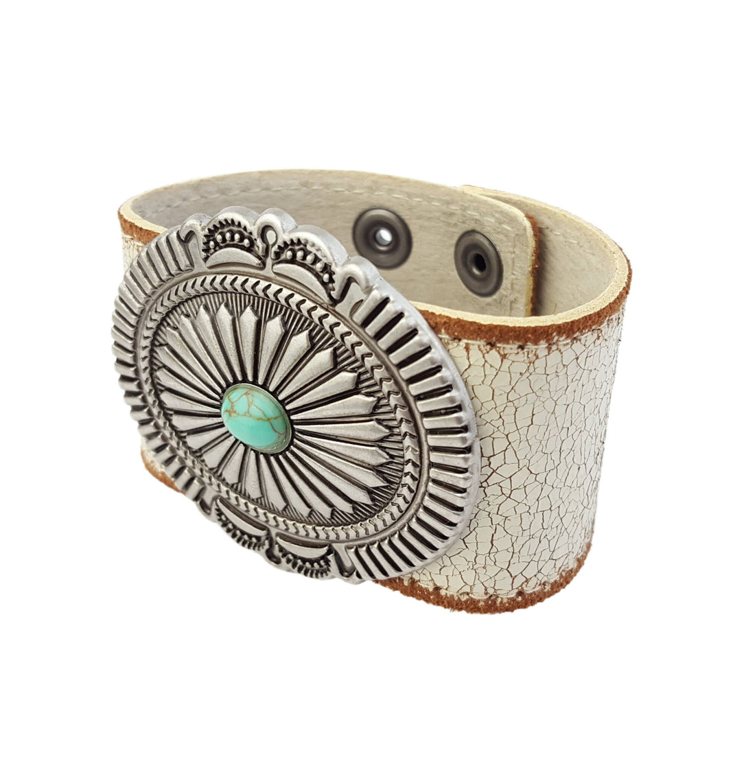 Vintage and Distressed Leather Cuff With Concho, Cream
