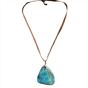 Leather Necklace with Natural Turquoise Pendant-Tan 249q