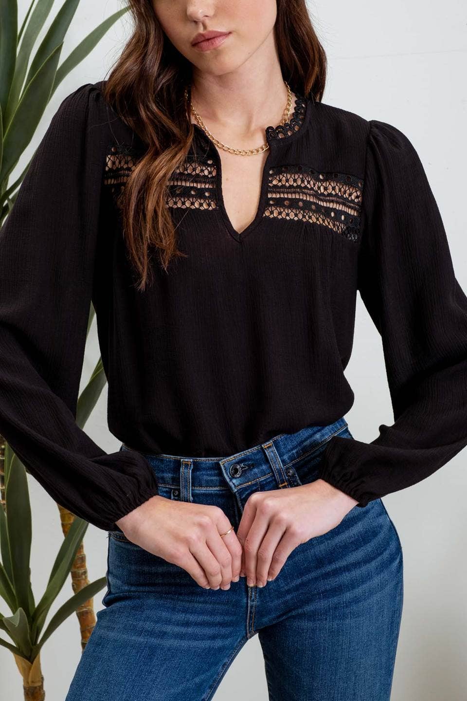 Rita Split Neckline Long Sleeve Top, Black