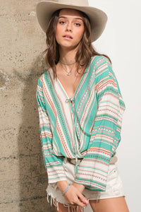 Ethnic Stripe Wrap Tie Lace Bodysuit