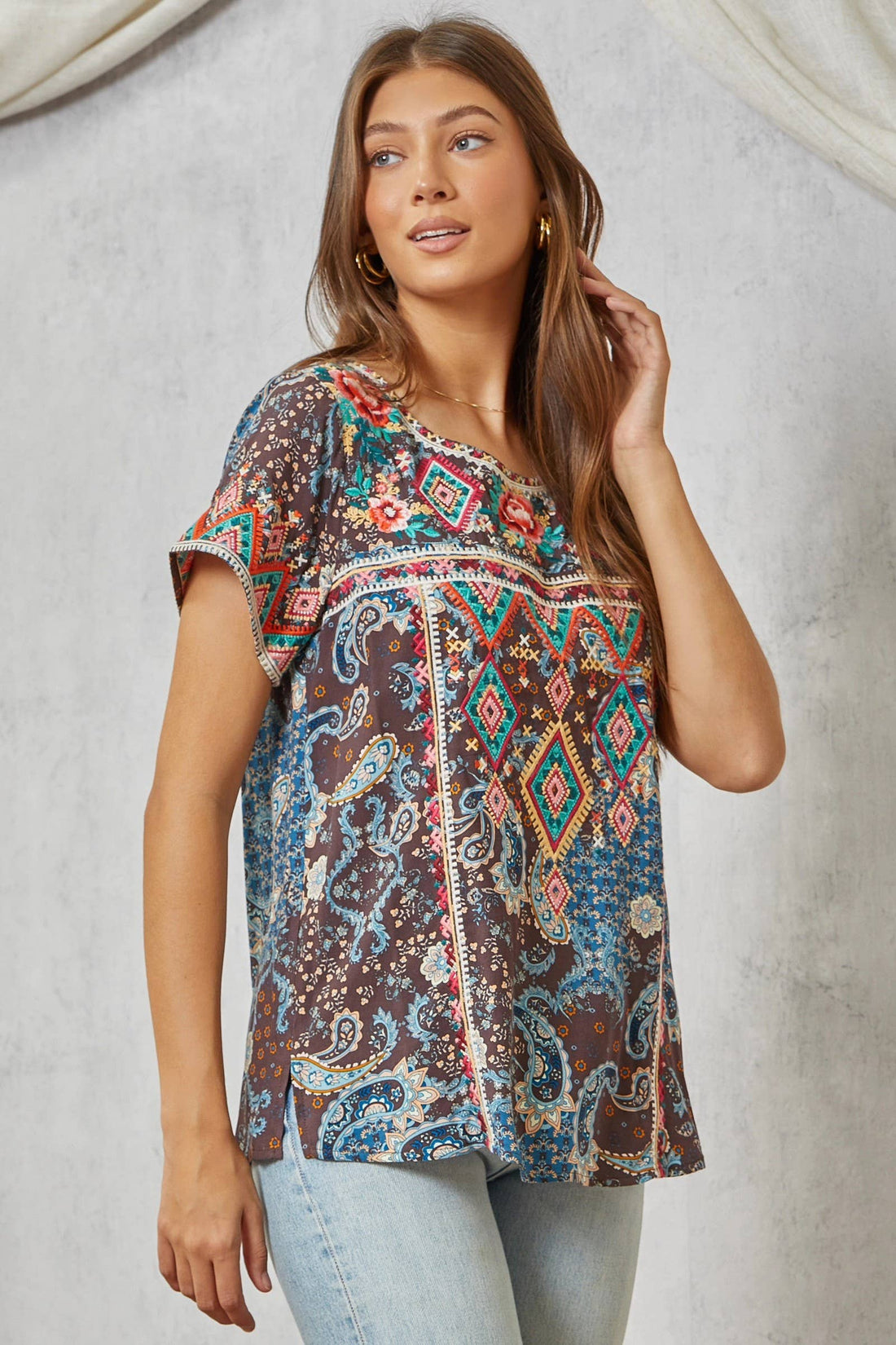 Braelyn Aztec Embroidery Top