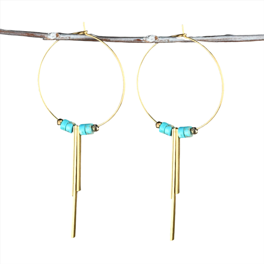 Turquoise Triad Brass Hoop Earrings
