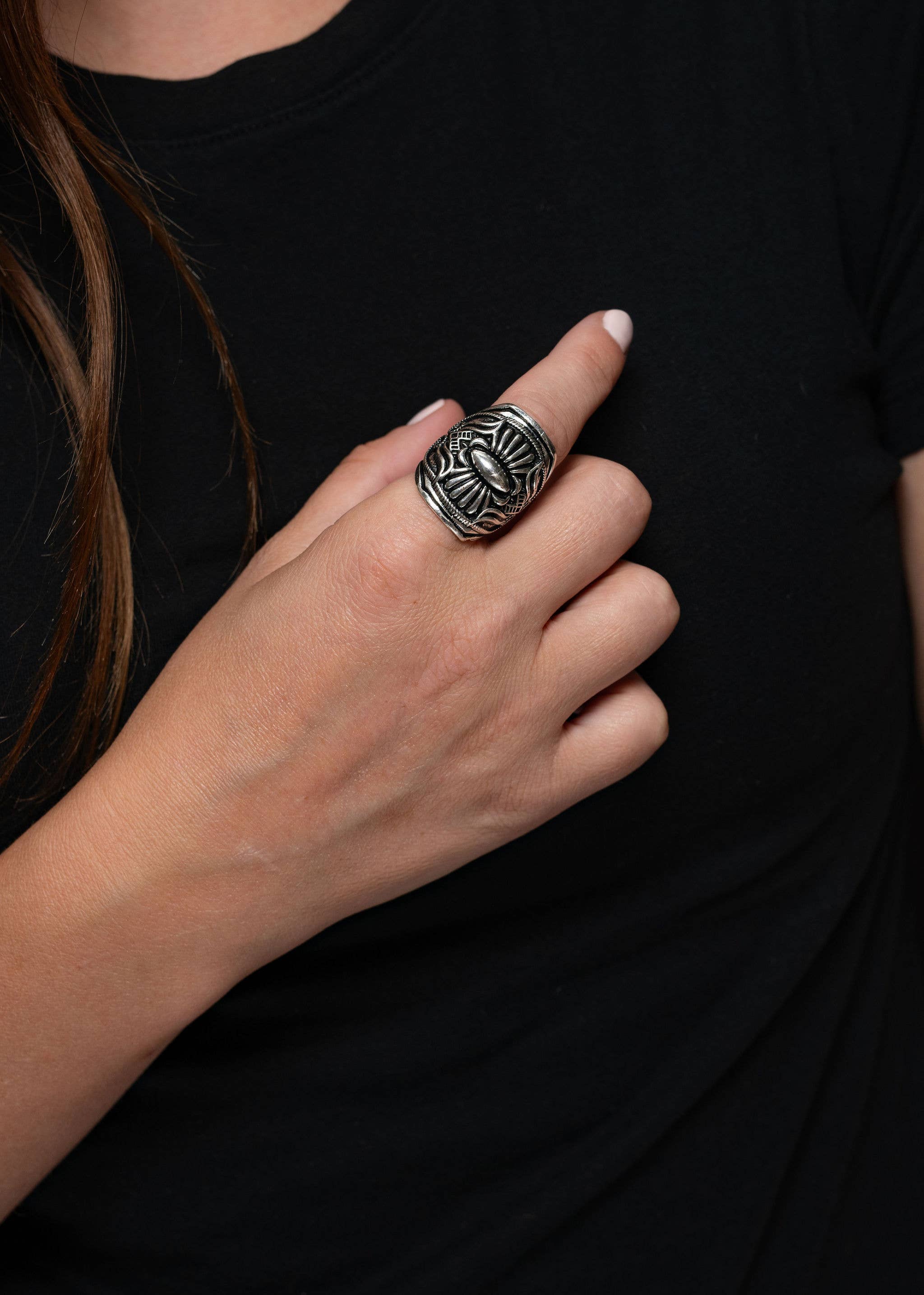 Burnished Silver Stamped Cuff Ring