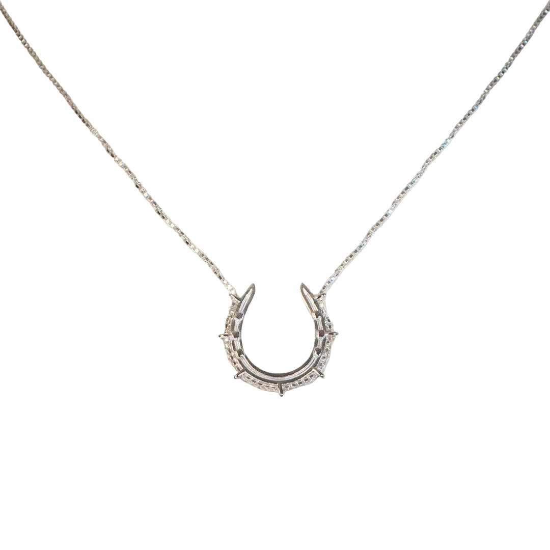 Silver horseshoe necklace on a beige background