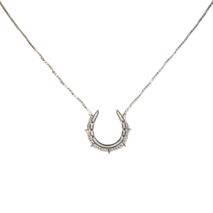 Silver horseshoe necklace on a beige background
