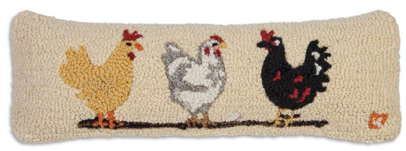 Three Hens Decorative 8x24 hooked wool lumbar pillow