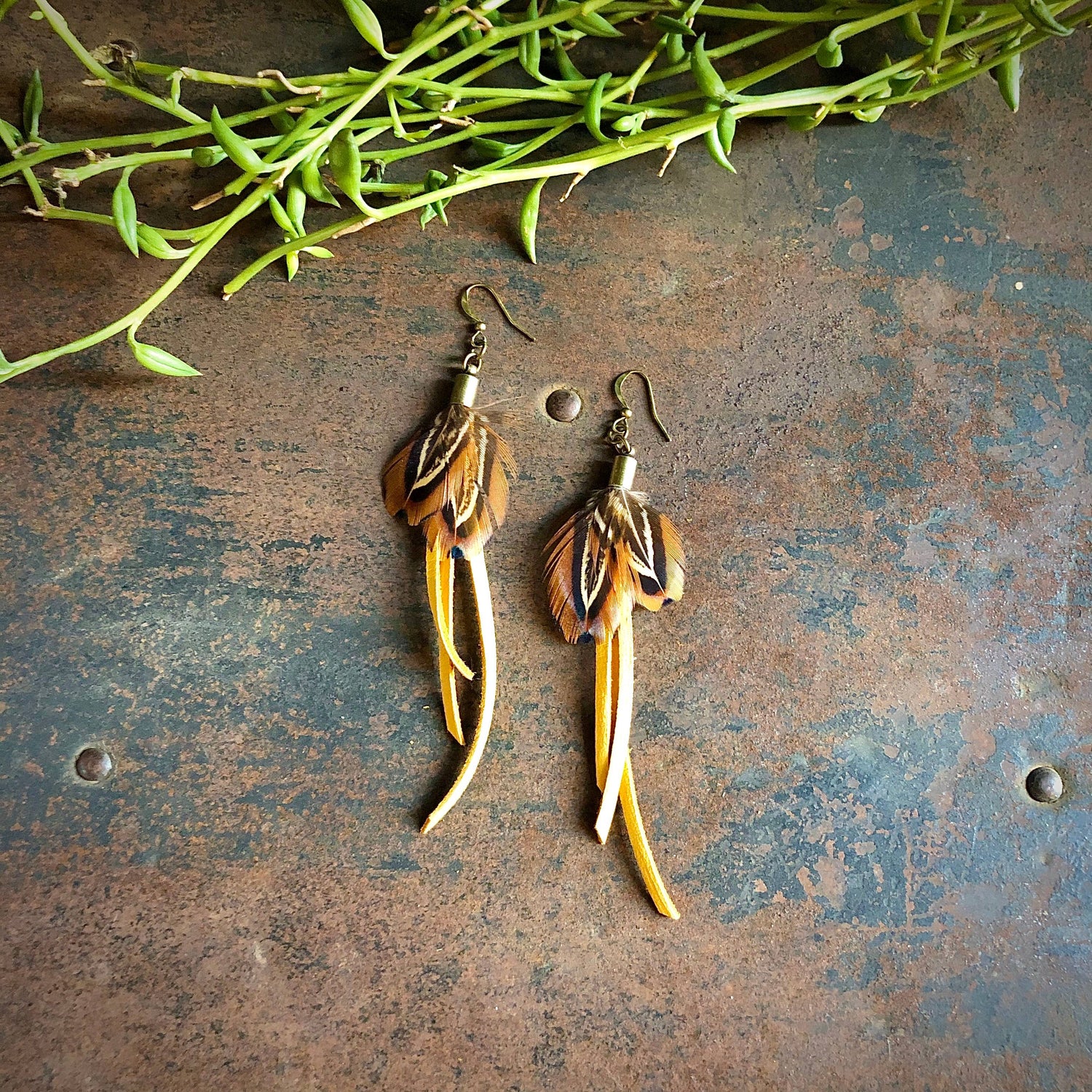 Gold Leather &amp; Pheasant Feather Earrings