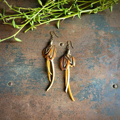 Gold Leather &amp; Pheasant Feather Earrings