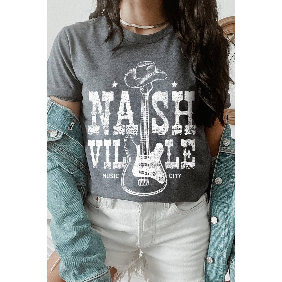 Nashville Western Cowboy Guitar Graphic Tee, Grey Heather