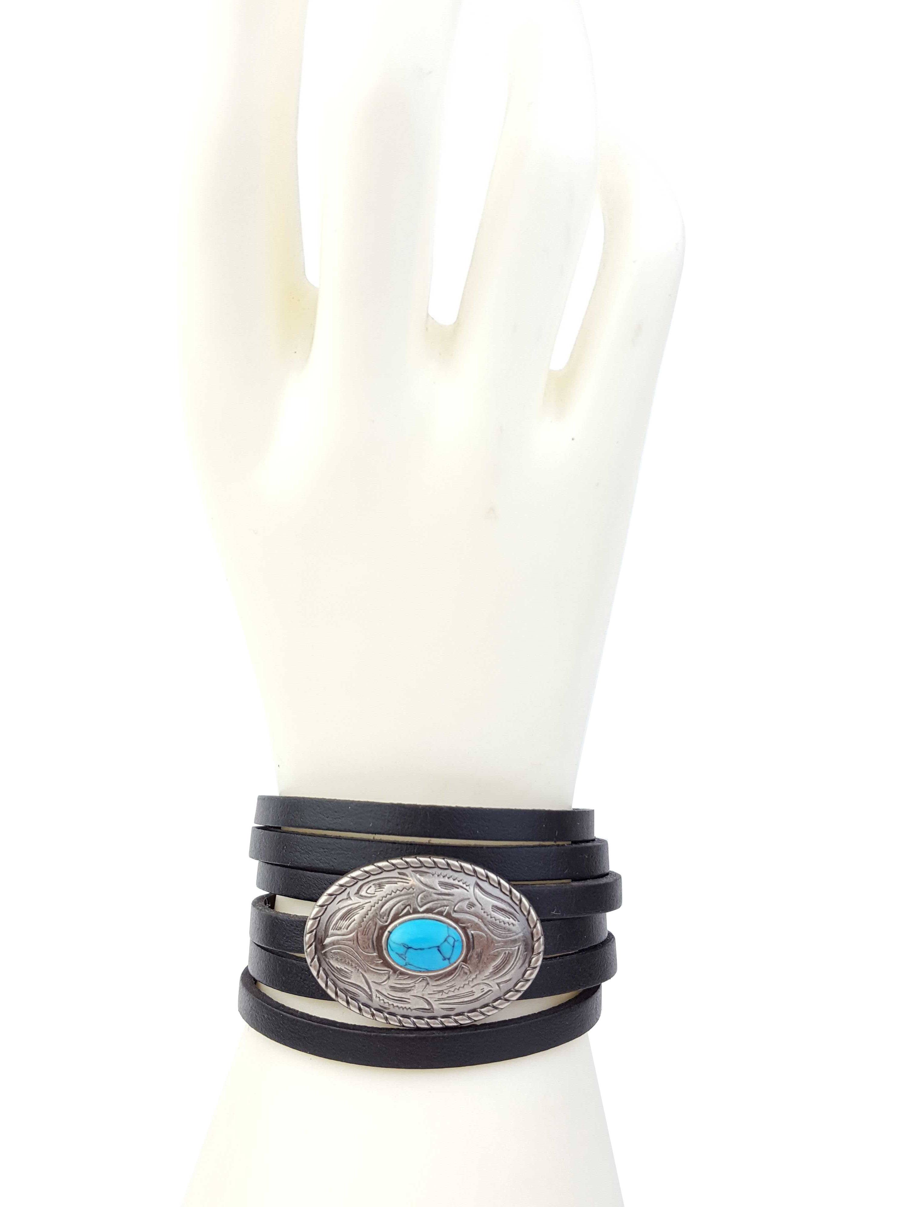 Genuine Leather Cuff With Western Concho, Black