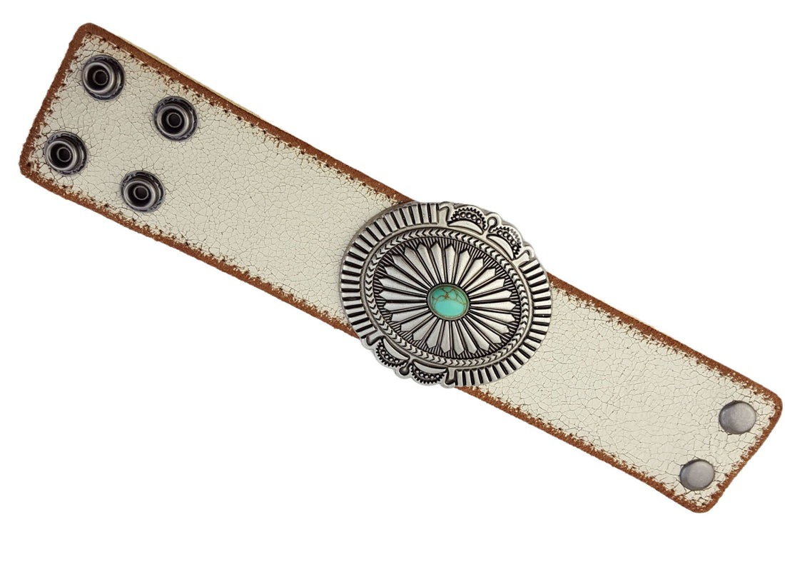 Vintage and Distressed Leather Cuff With Concho, Cream