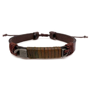 Aadi Brown Leather Wrapped Metal Pull Tie Men's Bracelet