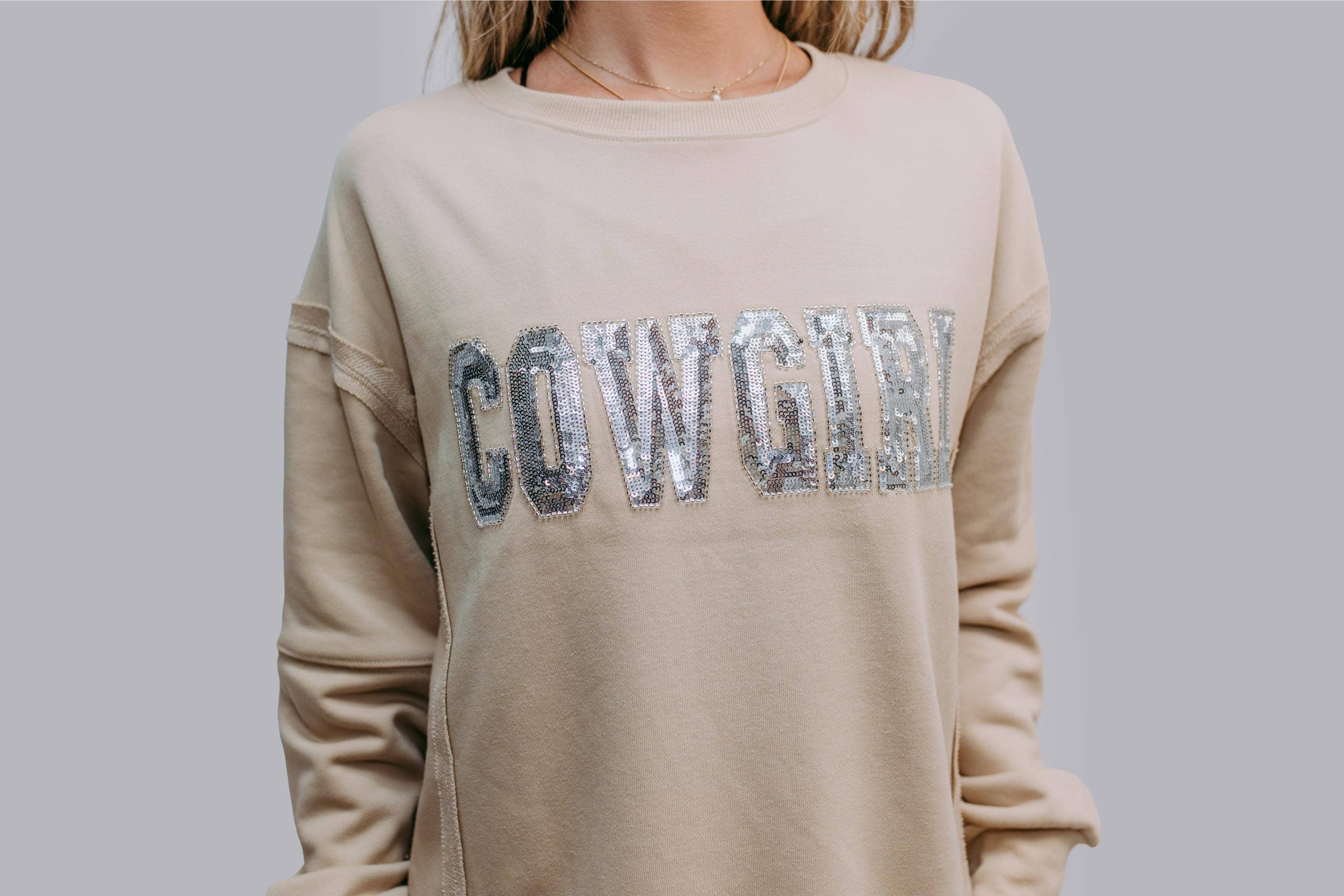 Rhinestone Cowgirl Sequin Sweatshirt, Tan