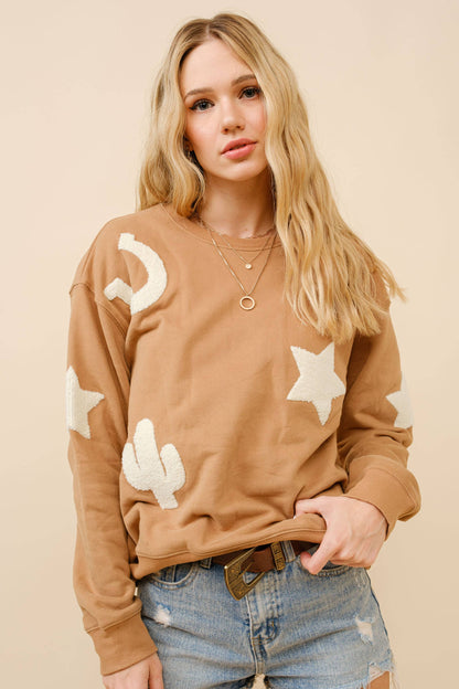 Western Textured Patchwork Sweatshirt, Tan