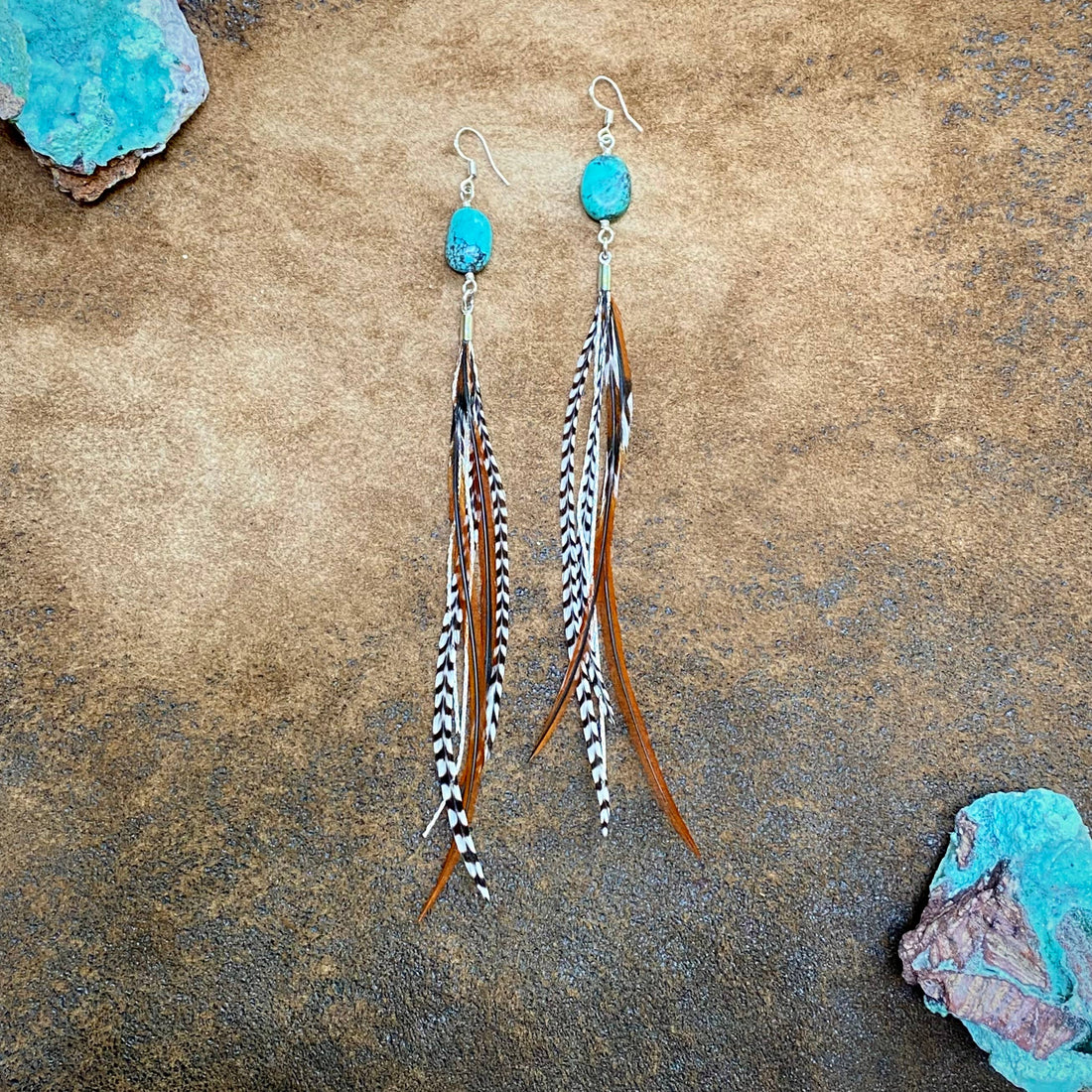 Turquoise &amp; Mini Feather Earrings - Grizzly &amp; Fawn/Silver: Grizzly &amp; Fawn / Silver