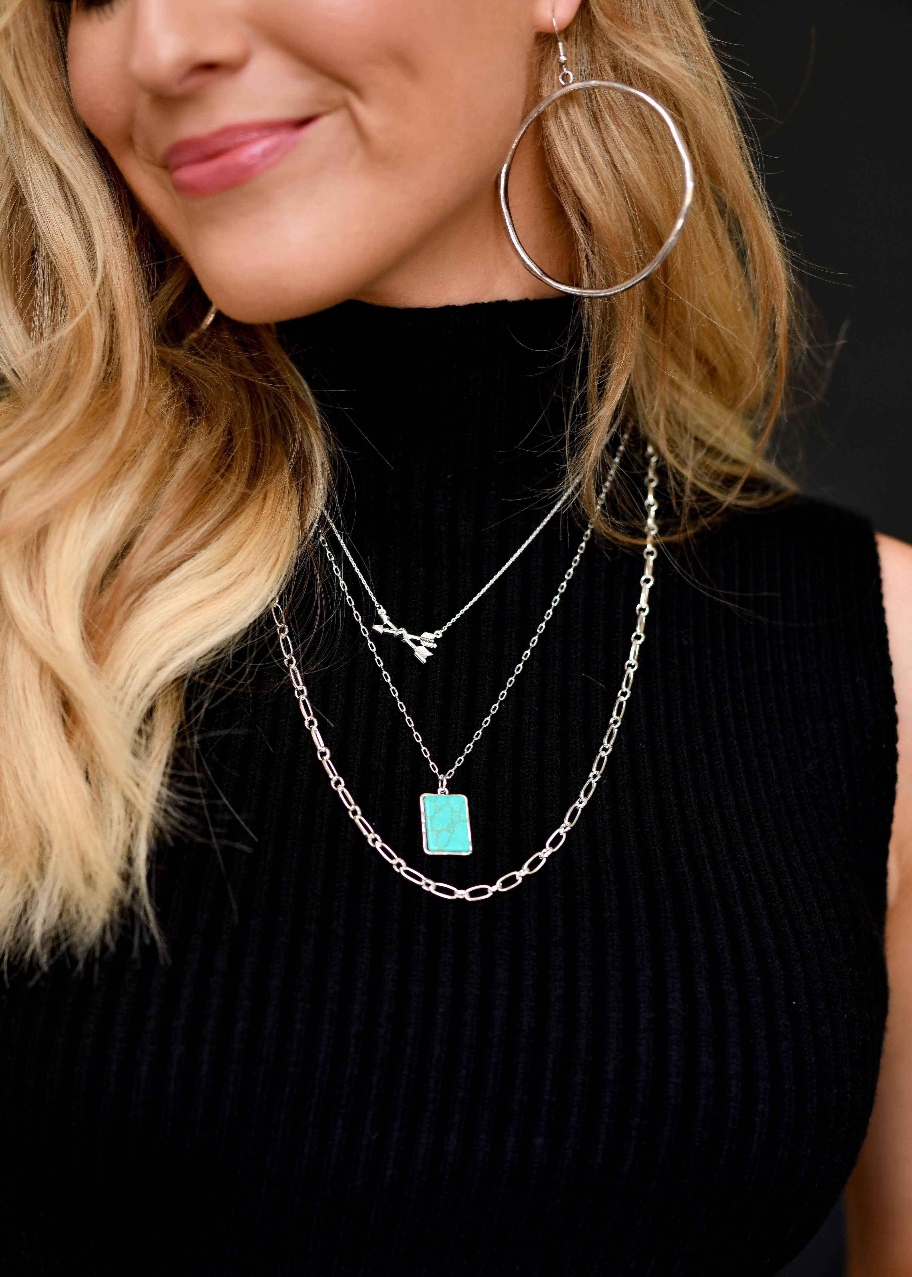 24" Layered Silver Necklace w/ Arrows & Turquoise Accents