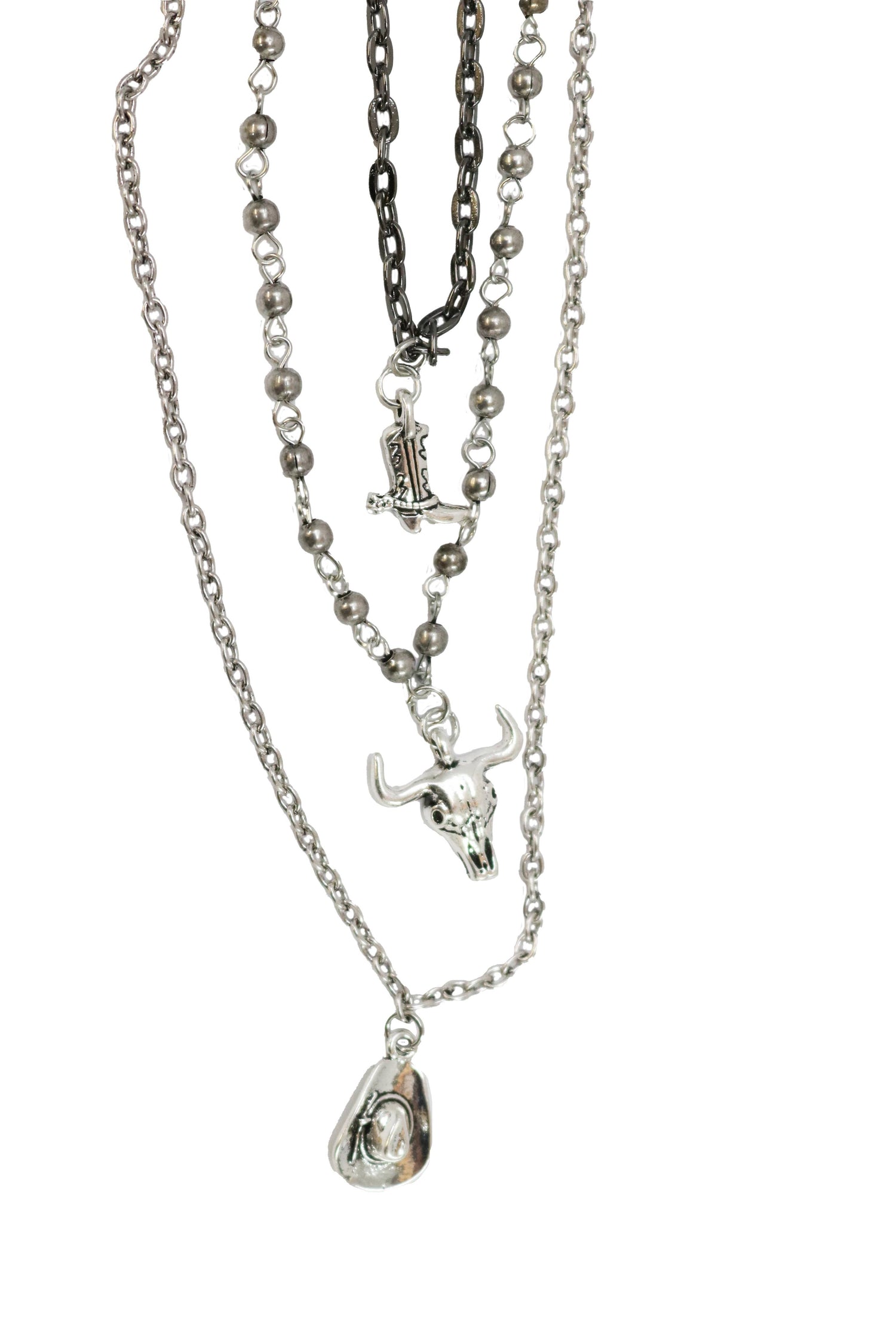 Cowboy Boot, Skull and Cowboy Hat Multi Layer Necklace