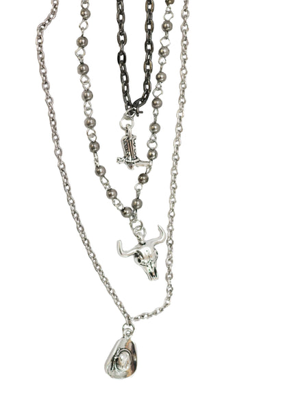 Cowboy Boot, Skull and Cowboy Hat Multi Layer Necklace