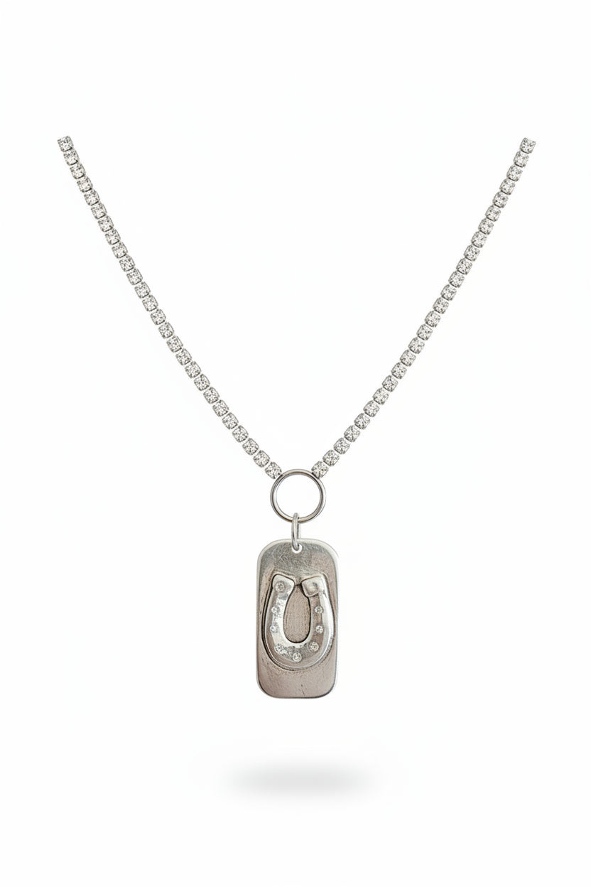 CZ Silver Horseshoe Dog Tag Chain Necklace