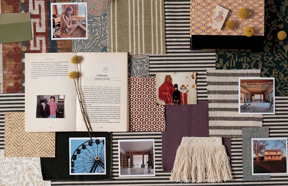 Collage of patterns, textures, and images on a textured surface