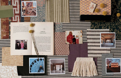 Collage of patterns, textures, and images on a textured surface